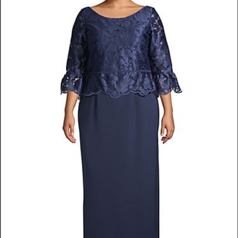 JS Collections Plus Floral Lace-Top Peplum Gown